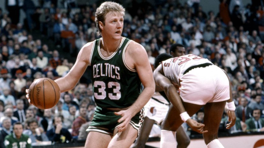 Feb 13, 1987; Portland, OR, USA: FILE PHOTO; Boston Celtics guard Larry Bird (33) in action against the Portland Trailblazers at Memorial Coliseum. Mandatory Credit: USA TODAY Sports