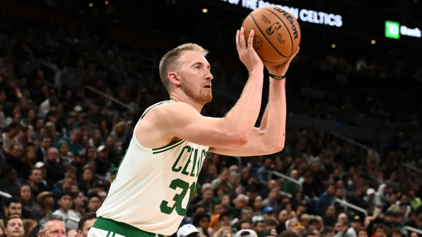 Oct 5, 2022; Boston, Massachusetts, USA; Boston Celtics forward Sam Hauser (30) attempts a three-point basket Toronto Raptors during the second half at the TD Garden. Mandatory Credit: Brian Fluharty-USA TODAY Sports