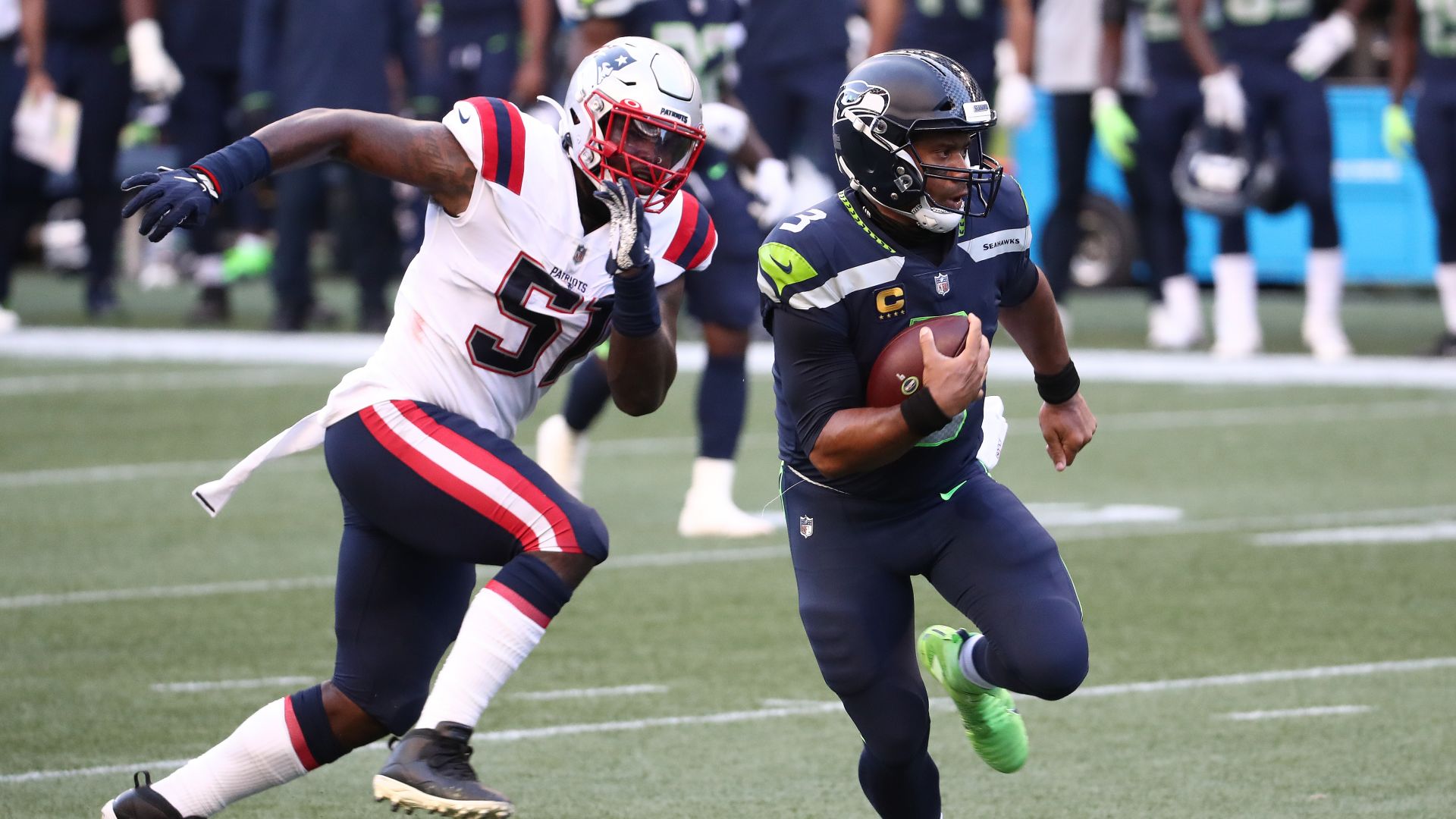 <p>Chase Winovich is quickly becoming one of Bill Belichick's best defenders. He had six pressures off the edge and met safety Kyle Dugger in the backfield for a sack. But he also got caught doing a little too much that led to Seattle rush yardage. He lost contain on Russell Wilson on the edge, which led to a first-down run during the first Seahawks scoring drive of the game. On the same drive, Ja'Whaun Bentley got caught in the middle of the field in no-man's land during a Wilson scramble up the middle. Tough spot for any off-the-ball linebacker.</p>
<p>As our resident middle linebacker Ted Johnson said on "Monday Night Patriots," Ray Lewis would probably have trouble with Wilson one-on-one in the open field. Later in the game, Winovich lost an edge again and allowed a 13-yard run to Chris Carson two plays before another Seahawks score. And on the play before Freddie Swain's touchdown to make the score 28-17, John Simon seemed to have the play played almost perfectly -- one-on-one with his blocker he played a brief cat-and-mouse game with Wilson before Wilson used his lineman like a picker in basketball -- but it went for an eight-yard gain. </p>
<p>There were positive moments here. Shilique Calhoun checked in with a quick sack that had Wilson wrapped up before he could get away. Derek Rivers was in on a sack for the second straight week. Brandon Copeland recorded a pressure and a run stuff. Bentley had an early stuff. And one of Winovich's pressures was a heartbeat away from drilling Wilson and preventing DK Metcalf's long touchdown reception. Just not enough doing here to stifle a magician behind center.</p>