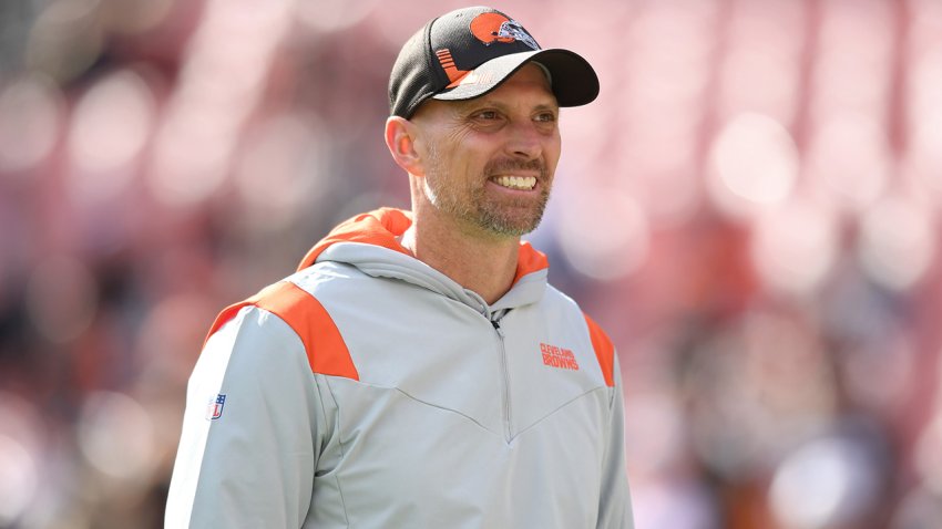 CLEVELAND, OHIO – OCTOBER 31: Cleveland Browns wide receivers coach Chad O’Shea smiles during warmups before a game against the Pittsburgh Steelers at FirstEnergy Stadium on October 31, 2021 in Cleveland, Ohio. (Photo by Nick Cammett/Getty Images)