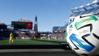 Mar 7, 2020; Foxborough, Massachusetts, USA; An extra Adidas MLS official Match ball rests behind one goal net during the second half of the game between the New England Revolution and the Chicago Fire at Gillette Stadium. Mandatory Credit: Greg M. Cooper-USA TODAY Sports