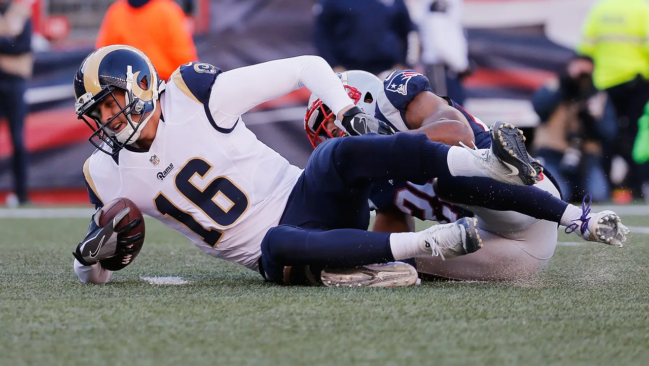 <p><strong>Patriots 26, Rams 10</strong></p>
<p>Goff's stats: 14-for-32, 161 yards, TD, 2 INT, 4 sacks (43.9 QB rating)</p>
<p>In his third season, Goff would battle the Patriots in Super Bowl LIII, but his first matchup against Bill Belichick and Tom Brady happened in his third career start, when he couldn't do a thing against the Pats D. The Rams trailed 26-3 until Goff threw his only TD of the game with just 1:15 left.</p>