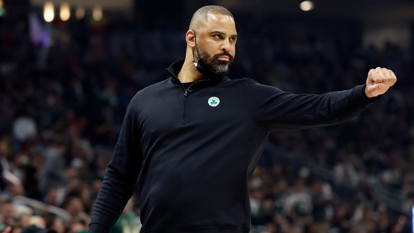 May 7, 2022; Milwaukee, Wisconsin, USA; Boston Celtics head coach Ime Udoka gestures during the first quarter against the Milwaukee Bucks during game three of the second round for the 2022 NBA playoffs at Fiserv Forum. Mandatory Credit: Jeff Hanisch-USA TODAY Sports