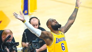 Mar 21, 2022; Cleveland, Ohio, USA; Los Angeles Lakers forward LeBron James (6) goes through his pregame ritual before a game against the Cleveland Cavaliers at Rocket Mortgage FieldHouse. Mandatory Credit: David Richard-USA TODAY Sports