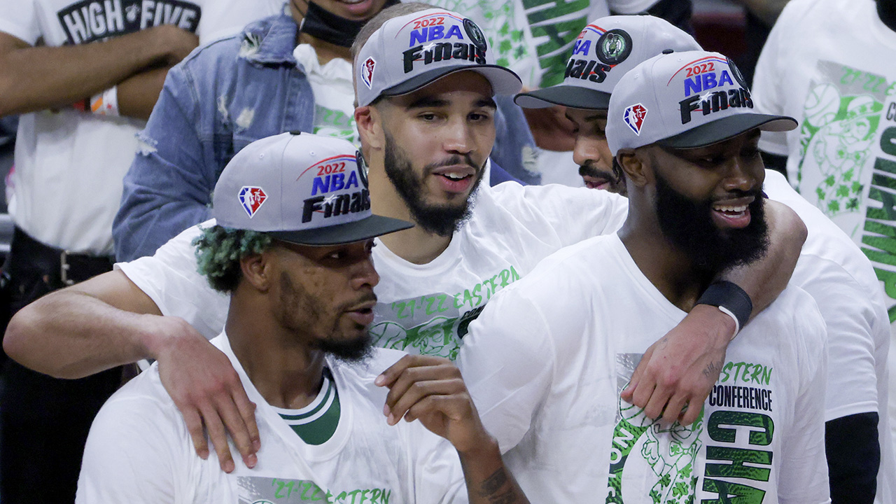 Marcus Smart, Jayson Tatum and Jaylen Brown