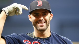 Jul 23, 2019; St. Petersburg, FL, USA; Boston Red Sox designated hitter J.D. Martinez (28) works out prior to the game against the Tampa Bay Rays at Tropicana Field. Mandatory Credit: Kim Klement-USA TODAY Sports