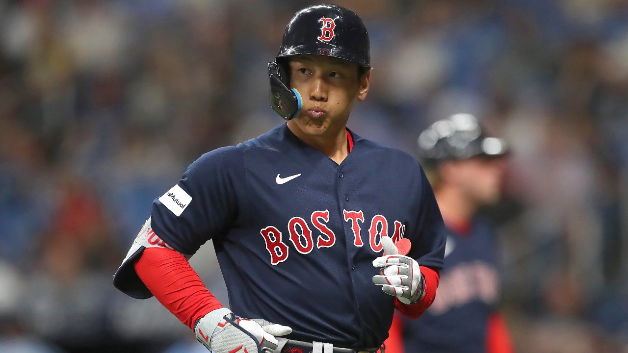 Masataka Yoshida of the Boston Red Sox runs out a ground ball during  News Photo - Getty Images
