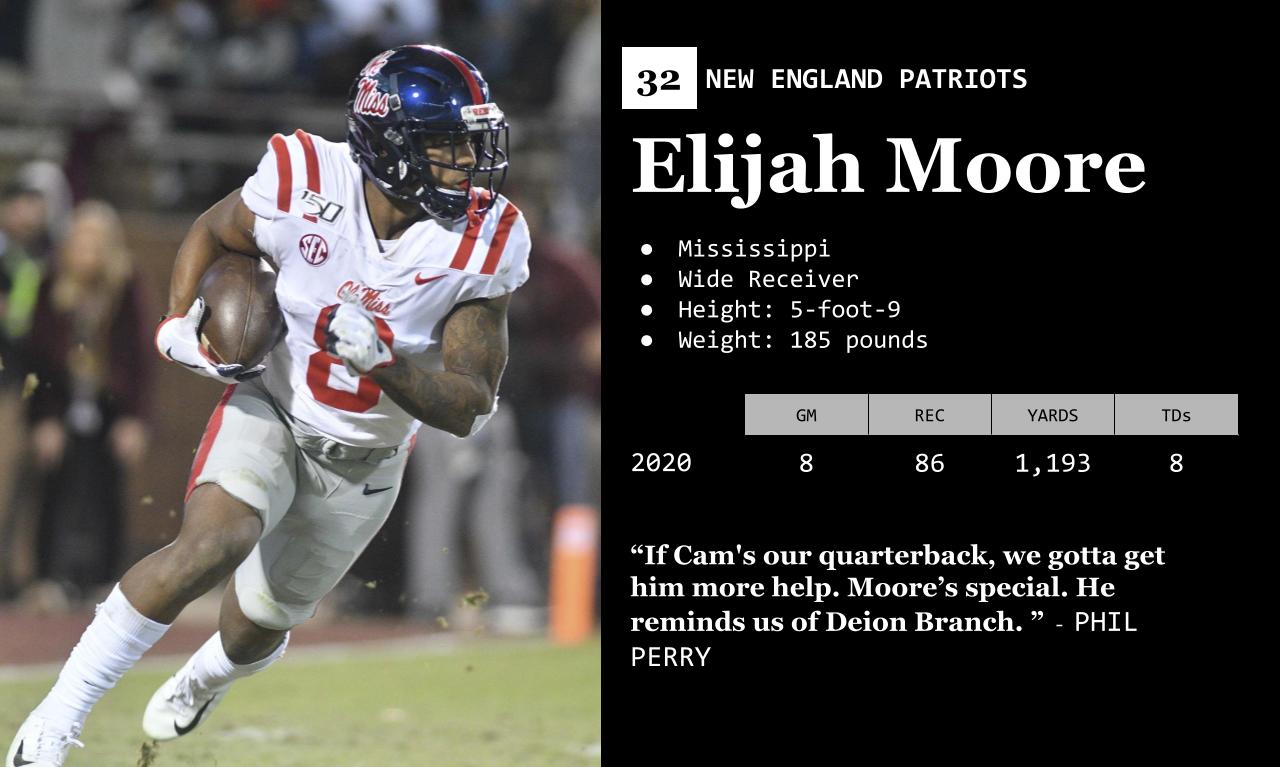 <p>The Patriots offered a second-round pick and a future second-round pick to make a move here. The Buccaneers agreed, and the Patriots selected Elijah Moore at this juncture.</p>
<p>"He's special. He reminds us of Deion Branch," Perry said of Moore. "We didn't think he was gonna be there if we waited in the second round.</p>
<p>"We feel so much better of our offense because we needed receiver help. If Cam's our quarterback, we gotta get him more help."</p>
<p>Moore was very productive in the SEC and will be a great slot receiver for the Patriots.</p>
<p><em>For more analysis from Perry, Curran, and Bean, check out <a data-timestamp="1617249447" href="https://link.chtbl.com/nextpatspod">the latest episode of the Next Pats Podcast</a>!</em></p>