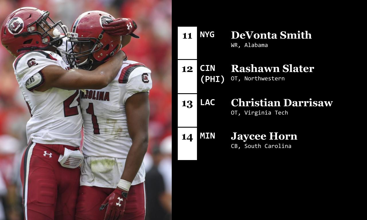 <p><strong>11. New York Giants: DeVonta Smith, WR, Alabama</strong></p>
<p>Three Alabama players come off the board in a row with Smith joining the G-Men. Smith became the first receiver to win the Heisman since Desmond Howard in 1991. He and Kenny Golladay will provide a massive upgrade to New York's receiving corps.</p>
<p><strong>12. Cincinnati Bengals (from Eagles): Rashawn Slater, OT, Northwestern</strong></p>
<p>Bean makes an ENORMOUS leap here to get the second-best offensive tackle in this year's draft after passing on Penei Sewell earlier. The details of the trade: the Bengals get this pick while the 38th pick in this year's draft, the 69th pick, and a 2022 first-round pick head to the Eagles. This gives Philly four first-round picks in 2022 and gives Cincy a versatile offensive lineman that can play every position and prevent Joe Burrow from taking as many big hits as he did during his rookies season.</p>
<p><strong>13. Los Angeles Chargers: Christian Darrisaw, OT, Virginia Tech</strong></p>
<p>Curran tried to move up to get Slater, but couldn't do it. Darrisaw will help protect reigning Offensive Rookie of the Year Justin Herbert.</p>
<p><strong>14. Minnesota Vikings: Jaycee Horn, CB, South Carolina</strong></p>
<p>The Vikings add another young cornerback to their defense, and snipe a player that Perry was hoping the Patriots would have a shot at with the 15th overall pick.</p>