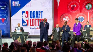 May 14, 2019; Chicago, IL, USA; NBA deputy commissioner Mark Tatum reveals the number two pick for the Memphis Grizzlies during the 2019 NBA Draft Lottery at the Hilton Chicago. Mandatory Credit: Patrick Gorski-USA TODAY Sports