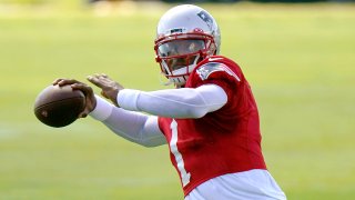 FOXBOROUGH, MASSACHUSETTS – AUGUST 18: Cam Newton #1 of the New England Patriots throws a ball during training camp at Gillette Stadium on August 18, 2020 in Foxborough, Massachusetts. (Photo by Steven Senne-Pool/Getty Images)