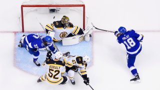 TORONTO, ONTARIO – AUGUST 25: Ondrej Palat #18 of the Tampa Bay Lightning scores against goaltender Jaroslav Halak #41 of the Boston Bruins in the first overtime period for a 4-3 win in Game Two of the Eastern Conference Second Round of the 2020 NHL Stanley Cup Playoff between the Boston Bruins and the Tampa Bay Lightning at Scotiabank Arena on August 25, 2020 in Toronto, Ontario. (Photo by Mark Blinch/NHLI via Getty Images)
