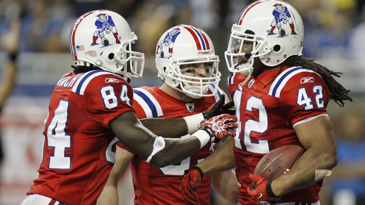 Patriots' red throwback uniforms with 'Pat Patriot' helmet to make