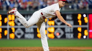 Aug 3, 2019; Philadelphia, PA, USA; Philadelphia Phillies relief pitcher Nick Pivetta (43) throws a pitch during the ninth inning against the Chicago White Sox at Citizens Bank Park. Mandatory Credit: Bill Streicher-USA TODAY Sports