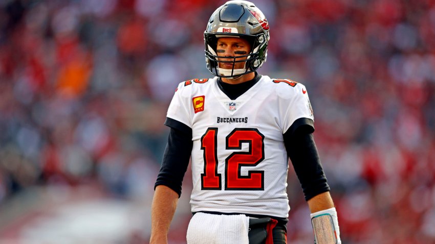 Jan 23, 2022; Tampa, Florida, USA; Tampa Bay Buccaneers quarterback Tom Brady (12) reacts during the first half against the Los Angeles Rams in a NFC Divisional playoff football game at Raymond James Stadium. Mandatory Credit: Nathan Ray Seebeck-USA TODAY Sports