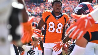 Sep 9, 2018; Denver, CO, USA; Denver Broncos wide receiver Demaryius Thomas (88) before the game against the Seattle Seahawks at Broncos Stadium at Mile High. Mandatory Credit: Ron Chenoy-USA TODAY Sports