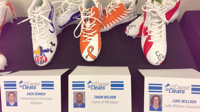 Detroit Lions players Zach Zenner, Tavon Wilson and Luke Willson participate in the NFL’s “My Cause My Cleats” campaign, in which players around the league raise awareness for charitable causes. My Cause Cleats