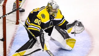 TORONTO, ONTARIO – AUGUST 26: Dan Vladar #80 of the Boston Bruins tends net against the Tampa Bay Lightning during the second period in Game Three of the Eastern Conference Second Round during the 2020 NHL Stanley Cup Playoffs at Scotiabank Arena on August 26, 2020 in Toronto, Ontario. (Photo by Elsa/Getty Images)
