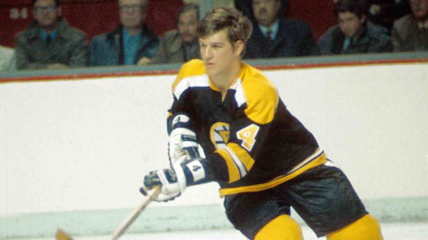 Apr 10, 1971; Montreal, Quebec, CANADA; Boston Bruins defenseman Bobby Orr (4) in action against the Montreal Canadiens during the 1971 NHL quarterfinal playoff at Montreal Forum. The Canadiens defeated the Bruins 4 games to 3. Mandatory Credit: Dick Raphael-USA TODAY Sports