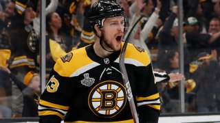 May 29, 2019; Boston, MA, USA; Boston Bruins center Charlie Coyle (13) celebrates after scoring a goal against the St. Louis Blues in the first period in game two of the 2019 Stanley Cup Final at TD Garden. Mandatory Credit: Winslow Townson-USA TODAY Sports