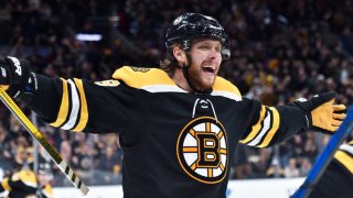 Jan 9, 2020; Boston, Massachusetts, USA; Boston Bruins right wing David Pastrnak (88) reacts after scoring his third goal of the game during the third period against the Winnipeg Jets at TD Garden. Mandatory Credit: Bob DeChiara-USA TODAY Sports