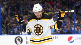 Mar 3, 2020; Tampa, Florida, USA; Boston Bruins right wing David Pastrnak (88) looks on against the Tampa Bay Lightning during the first period at Amalie Arena. Mandatory Credit: Kim Klement-USA TODAY Sports