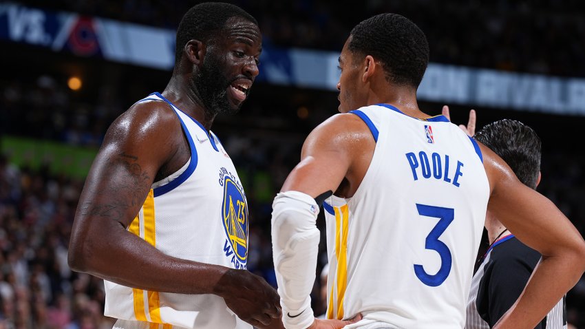 DENVER, CO – APRIL 24: Draymond Green #23 and Jordan Poole #3 of the Golden State Warriors talk during Round 1 Game 4 of the 2022 NBA Playoffs on April 24, 2022 at the Ball Arena in Denver, Colorado. NOTE TO USER: User expressly acknowledges and agrees that, by downloading and/or using this Photograph, user is consenting to the terms and conditions of the Getty Images License Agreement. Mandatory Copyright Notice: Copyright 2022 NBAE (Photo by Garrett Ellwood/NBAE via Getty Images)
