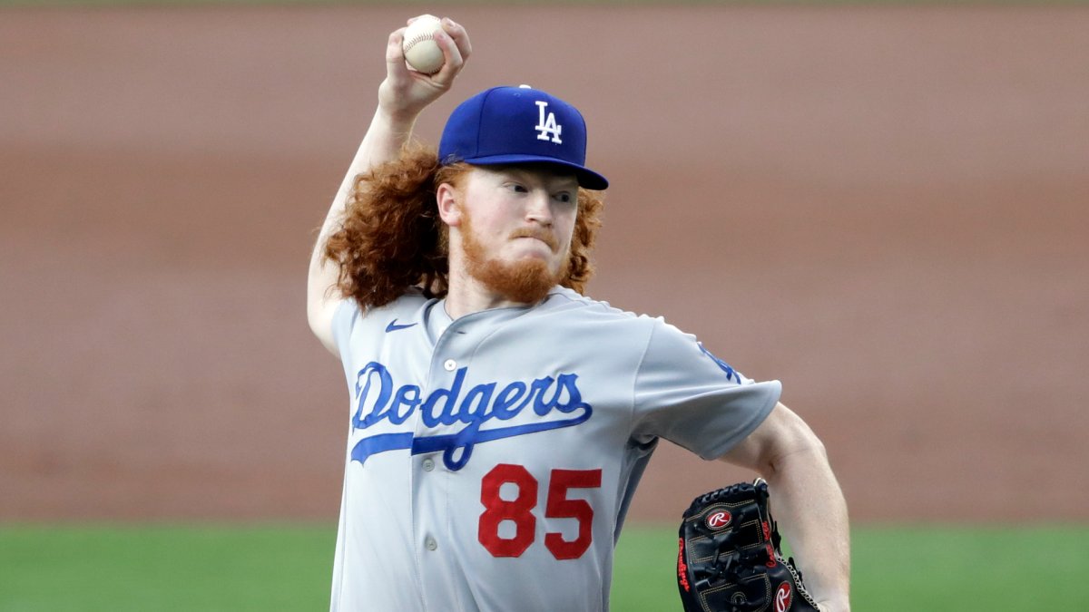 Los Angeles Dodgers starting pitcher Dustin May throws against the