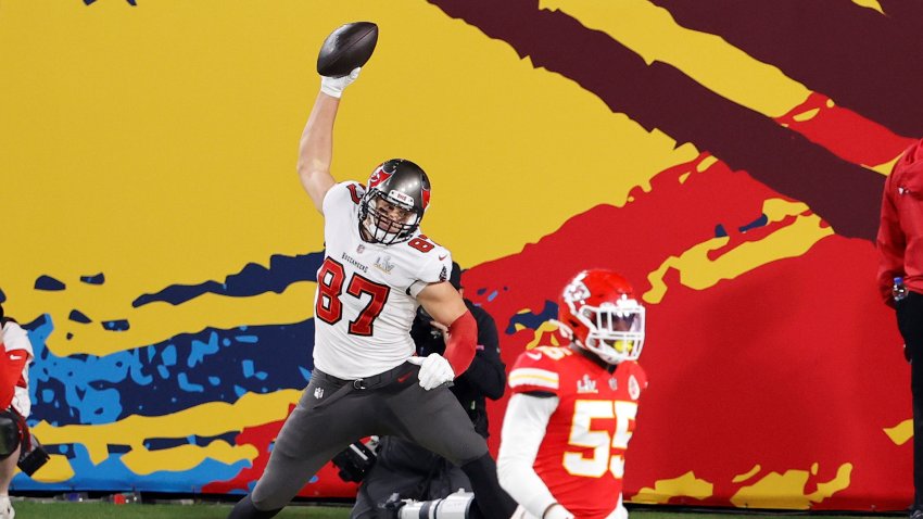Feb 7, 2020; Tampa, FL, USA; Tampa Bay Buccaneers tight end Rob Gronkowski (87) celebrates after scoring a touchdown against the Kansas City Chiefs during the first quarter of Super Bowl LV at Raymond James Stadium. Mandatory Credit: Kim Klement-USA TODAY Sports