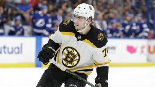 Boston Bruins left wing Jake DeBrusk (74) against the Tampa Bay Lightning during the first period of an NHL hockey game Tuesday, March 3, 2020, in Tampa, Fla. (AP Photo/Chris O’Meara)