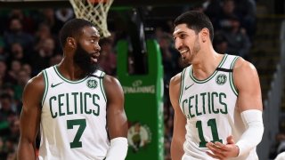 BOSTON, MA – JANUARY 3: Jaylen Brown #7, and Enes Kanter #11 of the Boston Celtics react to a play during the game against the Atlanta Hawks on January 3, 2020 at the TD Garden in Boston, Massachusetts. NOTE TO USER: User expressly acknowledges and agrees that, by downloading and or using this photograph, User is consenting to the terms and conditions of the Getty Images License Agreement. Mandatory Copyright Notice: Copyright 2020 NBAE (Photo by Brian Babineau/NBAE via Getty Images)