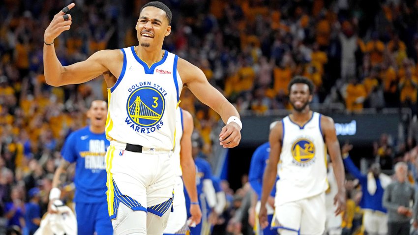Jun 5, 2022; San Francisco, California, USA; Golden State Warriors guard Jordan Poole (3) reacts after making a last second shot at the end of the third quarter against the Boston Celtics during game two of the 2022 NBA Finals at Chase Center. Mandatory Credit: Kyle Terada-USA TODAY Sports