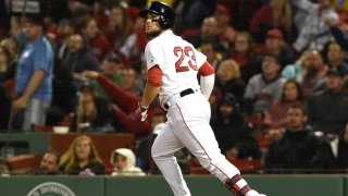 Jun 13, 2019; Boston, MA, USA; Boston Red Sox first baseman Michael Chavis (23) watches his home run during the fourth inning against the Texas Rangers at Fenway Park. Mandatory Credit: Bob DeChiara-USA TODAY Sports