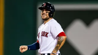 BOSTON, MA – AUGUST 10: Michael Chavis #23 of the Boston Red Sox reacts after hitting a double during the sixth inning of a game against the Tampa Bay Rays on August 10, 2020 at Fenway Park in Boston, Massachusetts. (Photo by Billie Weiss/Boston Red Sox/Getty Images)