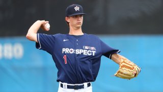Jun 17, 2019; Bradenton, FL, USA; Team Jones pitcher Mick Abel (1) during batting practice at IMG Academy. Mandatory Credit: Kim Klement-USA TODAY Sports