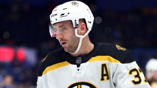 Mar 3, 2020; Tampa, Florida, USA; Boston Bruins center Patrice Bergeron (37) works out prior to the game against the Tampa Bay Lightning at Amalie Arena. Mandatory Credit: Kim Klement-USA TODAY Sports