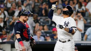 Aug 3, 2019; Bronx, NY, USA; New York Yankees shortstop Gleyber Torres (25) reacts after hitting a solo home run against the Boston Red Sox during the fifth inning of game two of a doubleheader at Yankee Stadium. Mandatory Credit: Andy Marlin-USA TODAY Sports