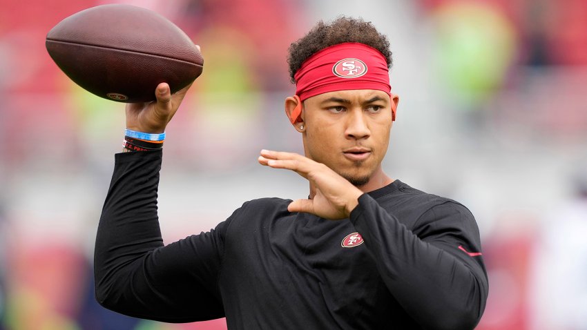 SANTA CLARA, CALIFORNIA – SEPTEMBER 18: Trey Lance #5 of the San Francisco 49ers warms up before the game against the Seattle Seahawks at Levi’s Stadium on September 18, 2022 in Santa Clara, California. (Photo by Thearon W. Henderson/Getty Images)