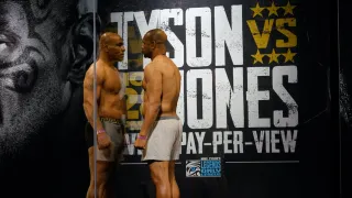 Nov 27, 2020; Los Angeles, CA, USA; Mike Tyson and Roy Jones, Jr. during weigh ins for a heavyweight exhibition boxing bout for the WBC Frontline Belt in Los Angeles. Mandatory Credit: Lynn Millspaugh/Handout Photo via USA TODAY Sports