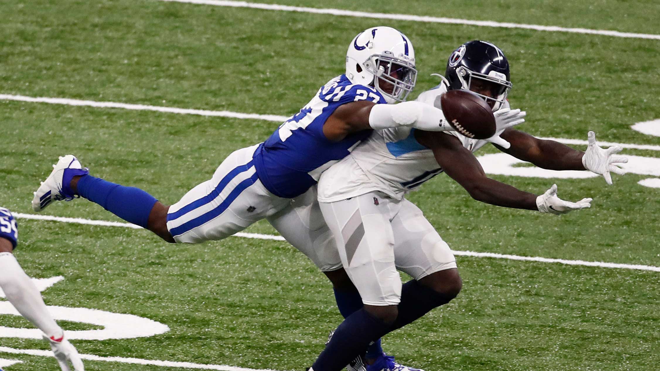 <p>The Indianapolis Colts’ defense played a major part in getting the team back to the playoffs in 2020. </p>

<p>Rhodes was a three-time Pro Bowler in Minnesota before joining the Colts in 2020. He bounced back from an interception-less 2019 by snagging two picks while starting all 16 games on Indianapolis’ eighth-ranked defense.</p>

<p>Moore II set career highs with four interceptions and 13 passes defended in 2020. He also scored his first NFL touchdown with a pick-six against the Detroit Lions.</p>

<p>The Pats return from their bye for a Week 15 game in Indianapolis.</p>
