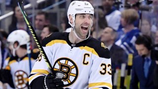 Apr 17, 2019; Toronto, Ontario, CAN; Boston Bruins defenseman Zdeno Chara (33) celebrates after scoring against Toronto Maple Leafs in game four of the first round of the 2019 Stanley Cup Playoffs at Scotiabank Arena. Mandatory Credit: Dan Hamilton-USA TODAY Sports