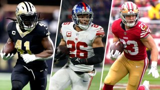 Alvin Kamara (left) and Christian McCaffrey (right) currently have the largest contracts among NFL running backs, as Saquon Barkley (center) seeks a new deal.