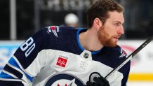 Pierre-Luc Dubois warms up before a playoff game in April against the Golden Knights.