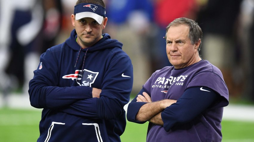 Feb 5, 2017; Houston, TX, USA; New England Patriots special teams coach Joe Judge (left) looks on during warm-ups with head coach Bill Belichick before Super Bowl LI against the Atlanta Falcons at NRG Stadium. Mandatory Credit: Bob Donnan-USA TODAY Sports