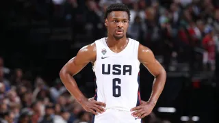 Bronny James #6 of Team USA looks on during the 2023 Nike Hoop Summit on April 8, 2023 at the Moda Center Arena in Portland, Ore.