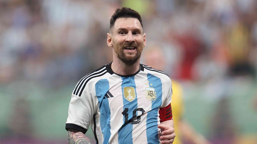 Lionel Messi of Argentina reacts during the international friendly match between Argentina and Australia at Workers Stadium on June 15, 2023 in Beijing, China.