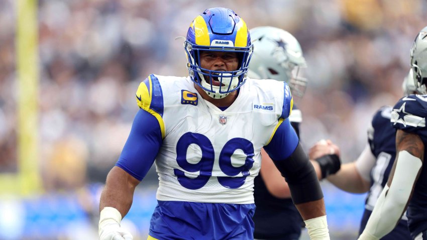 Aaron Donald #99 of the Los Angeles Rams reacts after sacking Cooper Rush #10 of the Dallas Cowboys during the second quarter at SoFi Stadium on October 09, 2022 in Inglewood, California.