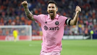 CINCINNATI, OHIO – AUGUST 23: Lionel Messi #10 of Inter Miami CF celebrates after teammate Leonardo Campana #9 scored his second goal against the FC Cincinnati during the second half in the 2023 U.S. Open Cup semifinal match at TQL Stadium on August 23, 2023 in Cincinnati, Ohio. (Photo by Andy Lyons/Getty Images)