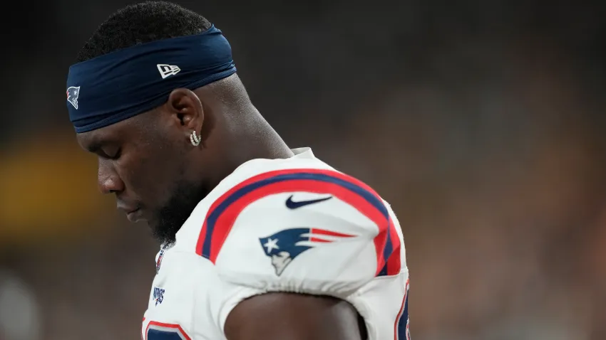 GREEN BAY, WISCONSIN – AUGUST 19: Keion White #99 of the New England Patriots looks on in the second half against the Green Bay Packers during a preseason game at Lambeau Field on August 19, 2023 in Green Bay, Wisconsin. (Photo by Patrick McDermott/Getty Images)