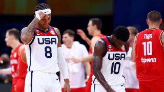 Paolo Banchero #8 (L) and Anthony Edwards #10 of the United States react late in the fourth quarter during the FIBA Basketball World Cup semifinal game against Germany at Mall of Asia Arena on September 08, 2023 in Manila, Philippines.